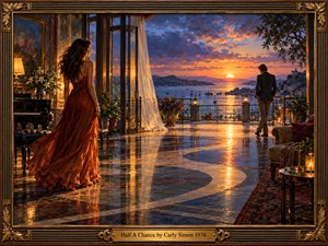 Inside an elegant Mediterranean villa, a woman in a flowing rust gown watches a distant man on a sunset terrace. Golden reflections sweep across polished marble toward a violet-blue harbor dotted with sailboats. Billowing curtains, lilies, candlelight, and an ornate gilded frame enrich this romantic, wistful oil painting.