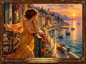 A windswept woman in a flowing golden dress gazes across a Mediterranean harbor from a flower-lined balcony. Sailboats drift beneath a fiery orange sunset, while hillside buildings glow above shimmering blue water. Rich, impressionistic brushwork captures romantic longing and restless freedom, framed by ornate carved wood and an engraved brass title plate.