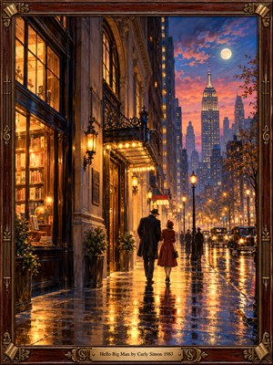 An elegantly dressed couple strolls along a rain-slicked New York street beneath glowing lamps and a violet-pink moonlit sky. Vintage cars, towering buildings, and golden reflections create a romantic, nostalgic atmosphere. Richly textured oil painting brings warmth to the twilight scene, enclosed in carved wood and brass with an engraved title plate.