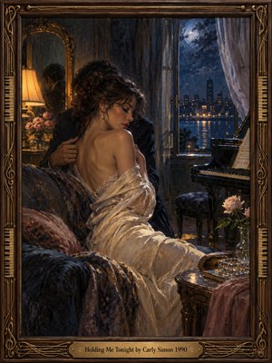 A richly textured oil painting captures a woman in flowing ivory silk resting in a tender embrace beside a grand piano. Amber lamplight warms the intimate room, while moonlit blues illuminate a distant waterfront skyline. Roses, velvet furnishings, and an ornate musical frame enhance the romantic, wistful atmosphere.
