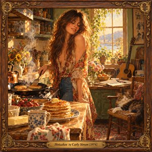 In a sunlit 1970s kitchen, a smiling woman tends golden pancakes as steam curls through warm amber light. Flowers, patterned ceramics, an acoustic guitar, and a lounging cat enrich the cozy scene. Richly textured oil painting in honey, copper, and green tones sits within an ornate carved wooden frame.