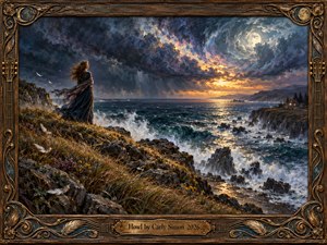 A lone woman stands on a windswept cliff above a raging sea, her dark dress whipping beneath swirling storm clouds. Moonlight and amber sunset illuminate crashing teal waves, distant cliffs, and a glowing cottage. Rich oil brushwork conveys sorrow and resilience, enclosed by an ornate bronze-and-wood frame with musical details.