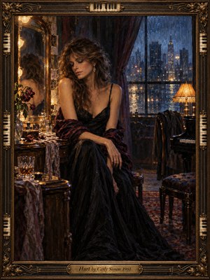 A solitary woman in a flowing black gown sits beside a cluttered vanity, her lowered gaze conveying quiet heartbreak. Rain blurs distant city lights beyond a tall window, while amber lamplight warms deep blue and burgundy shadows. Expressive oil brushwork, wilted roses, a piano, and an ornate bronze frame heighten the melancholy.