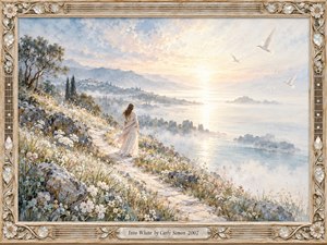 A solitary woman in flowing ivory walks a winding coastal path through delicate wildflowers toward a luminous, misty horizon. Soft blues, creams, and blush tones illuminate distant mountains and soaring white birds. This serene watercolor painting captures peaceful reflection, framed by ornate carved ivory wood, pearlescent inlays, and musical motifs.
