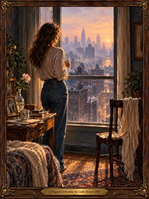 A solitary woman gazes through a rain-speckled apartment window at a glowing city skyline. Soft peach and lavender sunlight illuminates vintage furniture, flowers, photographs, and draped fabrics. Rich oil brushwork conveys nostalgic tenderness and quiet reflection. An ornate walnut-and-brass frame with musical flourishes surrounds the intimate scene.