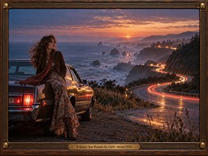 A wistful woman in flowing 1970s clothing rests against a vintage car overlooking a winding coastal highway at sunset. Glowing red light trails sweep through misty cliffs beneath a coral and violet sky. Cinematic photography captures restless longing through warm reflections, cool ocean blues, and an ornate walnut and bronze frame.