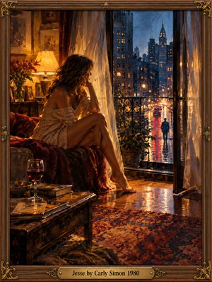 A pensive woman in an ivory sweater sits beside an open apartment window, overlooking rain-soaked city streets and a solitary figure below. Warm golden lamplight illuminates flowers, books, and wine, contrasting with the cool blue skyline. Rich oil brushwork, shimmering reflections, and an ornate brass-trimmed frame evoke romantic longing and uncertainty.