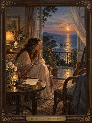 A wistful woman in flowing ivory sits beside a letter-strewn table, gazing through billowing curtains toward a golden moonlit sea. Warm lamplight softens the richly textured oil painting, contrasting with blue coastal cliffs and lavender skies. An empty wicker chair, acoustic guitar, flowers, and ornate walnut frame deepen the intimate nostalgia.