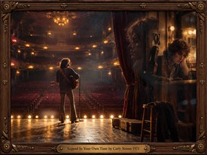 A solitary guitarist faces an empty grand theater beneath glowing amber lights, while his ghostly reflection reveals private melancholy backstage. Burgundy velvet seats, smoky shadows, and golden highlights create nostalgic intimacy. Cinematic 1970s film photography captures fame and loneliness, enclosed within an ornate walnut frame with brass embellishments.