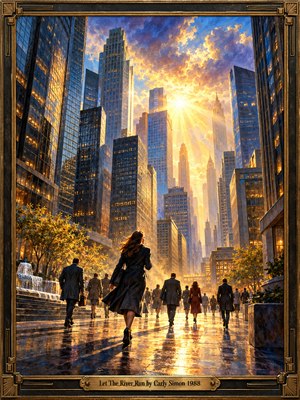 A determined woman strides through a rain-slicked Manhattan plaza among commuters, framed by towering skyscrapers and autumn trees. Golden sunlight bursts through violet-blue clouds, illuminating reflective pavement with hope and energy. Richly textured oil brushwork creates cinematic grandeur, while fountains, long shadows, and an ornate bronze Art Deco frame evoke ambition and renewal.