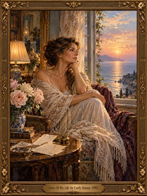 A contemplative woman in an ivory shawl gazes toward a glowing coastal sunset from an elegant room. Pink roses, handwritten letters, and warm lamplight evoke tenderness and cherished memories. Rich oil painting textures, golden reflections, pastel skies, and an ornate musical frame create a romantic, nostalgic atmosphere of enduring love.