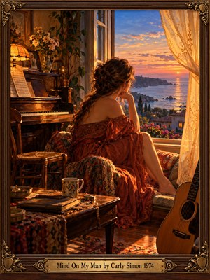 A contemplative woman in a flowing rust-colored dress gazes toward a glowing coastal sunset from a cozy window seat. Golden light illuminates an antique piano, acoustic guitar, flowers, and patterned furnishings. Rich painterly textures, warm amber tones, and an ornate carved wooden frame create a romantic atmosphere of longing and reflection.