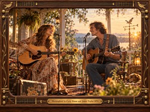 A smiling folk duo plays acoustic guitars on a rustic lakeside porch, exchanging joyful glances beneath golden sunset light. Flowing floral fabric, faded denim, wildflowers, lanterns, and a resting dog enrich the nostalgic 1970s atmosphere. Warm cinematic photography is enclosed by an ornate walnut-and-brass frame with guitar-string details and an engraved title plate.