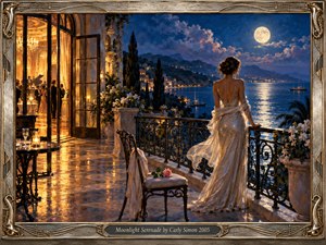 An elegant woman in an ivory gown gazes across a moonlit bay from a flower-lined terrace. Golden ballroom light spills through open doors, contrasting with deep blue water and violet clouds. Rich oil-painted textures, shimmering reflections, wrought iron railings, and an ornate musical frame evoke wistful romance and timeless sophistication.