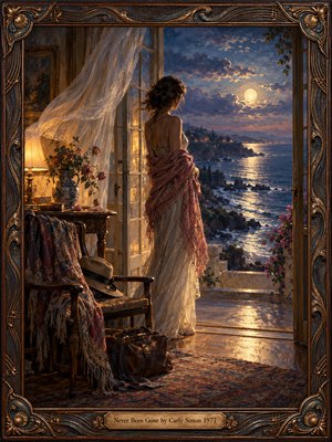 A solitary woman in an ivory dress and rose shawl gazes across a moonlit coastal bay from open French doors. Billowing curtains, fading flowers, and a travel bag suggest enduring memories. Warm lamplight meets shimmering blue waves beneath lavender clouds in a richly detailed oil painting framed by ornate carved wood and bronze.