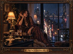 A contemplative woman lounges beside a rain-streaked window overlooking a glittering midnight city. Warm amber lamplight contrasts with deep blue shadows and shimmering neon reflections. An owl sculpture, vinyl records, and drifting cigarette smoke enrich the intimate 1970s atmosphere. Cinematic photography and an ornate bronze-trimmed wooden frame evoke nocturnal freedom and mystery.