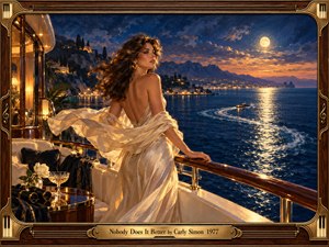 A glamorous woman in a flowing ivory gown stands aboard a luxurious yacht, overlooking moonlit coastal waters. Deep blues, golden reflections, and distant city lights create romantic sophistication. A speedboat leaves a curving wake beneath dramatic twilight clouds. Rich oil painting textures and an ornate brass frame evoke timeless 1970s elegance.