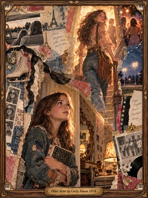 A wistful younger girl clutches her notebooks while her confident older sister ascends into golden light. Vintage photographs, an ice skate, handwritten notes, and stitched fabric surround a narrow staircase. Warm amber and dusty blue create nostalgic contrast in this richly layered 1970s collage, enclosed by ornate carved wood and brass.