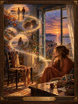 A wistful woman in a rust-colored dress sits beside a rain-streaked window overlooking a sunset harbor. Golden ribbons weave through glowing memories of love, passing an empty chair, faded roses, and scattered letters. Expressive oil brushwork blends amber, violet, and blue, framed by ornate dark wood and antique brass.