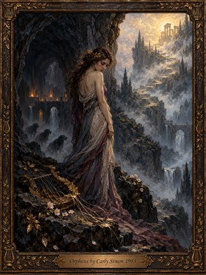 A sorrowful woman in flowing lavender robes stands beside a shattered golden lyre at a caverns edge. Shadowy hounds haunt the mist below, while ancient steps climb toward sunlit ruins. Bronze, charcoal, and pearl tones glow through atmospheric oil brushwork. An ornate carved frame encloses this haunting vision of longing.