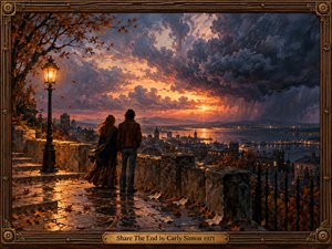 A couple stands together on a rain-slick stone terrace overlooking a harbor city at sunset. Autumn leaves drift past a glowing lamppost as thunderclouds gather above a fiery horizon. Rich oil brushwork blends amber reflections with deep blue shadows, creating a bittersweet mood within an ornate wood-and-brass frame.