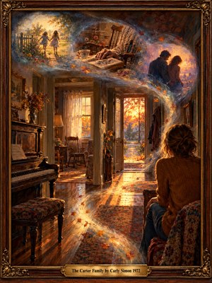 A woman sits quietly in a nostalgic family home as golden autumn sunlight illuminates an antique piano and polished floors. Swirling memories reveal playful children, aging hands, and a distant couple. Rich amber tones, delicate oil brushwork, and an ornate wooden frame create a tender atmosphere of remembrance and passing time.