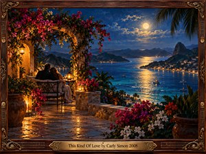 A couple sits close beneath a flower-draped pergola on a candlelit terrace overlooking a moonlit bay and distant golden villages. Warm lanterns illuminate pink blossoms and weathered stone, contrasting with deep blue water and cloudy skies. Rich oil painting textures, an ornate carved frame, and a brass title plate evoke timeless romance.