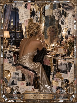 A weary blonde woman sits before an ornate vanity mirror overlooking a glittering nighttime city. Torn photographs, handwritten notes, perfume bottles, pearls, and fading roses surround her. Warm golden light illuminates champagne satin and smoky reflections. This richly layered mixed-media collage evokes 1980s glamour, disillusionment, and the longing for reinvention.