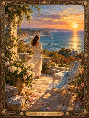 A woman in a flowing ivory dress gazes across a sunlit sea from a rose-covered stone terrace. Sailboats drift beneath pastel clouds and distant cliffs, while an empty chair draped in blue suggests remembrance. Warm golden light bathes the romantic oil painting, enclosed by an ornate dark wood and gilded frame.