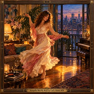 A barefoot woman twirls in a flowing cream and rose dress inside an elegant apartment. Golden lamplight illuminates polished floors, flowers, and a grand piano, while open balcony doors reveal a violet sunset and glittering skyline. Rich oil brushwork and an ornate brass-trimmed wooden frame evoke warmth, romance, and nostalgia.