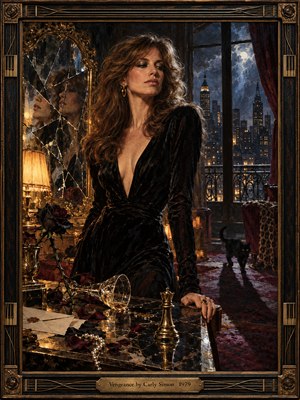 A poised woman in black commands a shadowy penthouse, her reflection fractured in an ornate mirror. Storm clouds loom over a glowing city beyond. Scattered roses, pearls, a fallen glass, and a chess queen suggest calculated revenge. Golden lamplight battles midnight blue shadows in this richly textured oil painting, framed in carved wood and bronze.