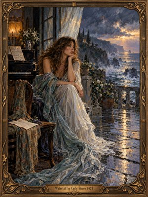 A wistful woman in a flowing ivory gown sits beside a piano overlooking a stormy coastal terrace. Windblown curtains and cascading fabric echo restless waves beneath golden sunset clouds. Rich blue-gray oil brushwork, amber lamplight, reflective stones, delicate flowers, and an ornate bronze frame create an intimate, melancholic atmosphere.