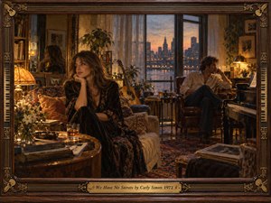 A richly detailed oil painting depicts a contemplative couple seated apart in a warmly lit 1970s apartment overlooking a twilight city skyline. Amber lamps illuminate vintage furnishings, books, flowers, and musical instruments. Deep browns and smoky blues evoke intimate melancholy, while an ornate walnut frame and engraved brass plaque complete the composition.