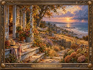 A weathered seaside cottage opens onto a lush garden descending toward a glowing coastal sunset. An empty hammock, scattered autumn leaves, and a resting straw hat evoke summers fleeting warmth. Golden light meets lavender storm clouds above the ocean in a richly textured oil painting, enclosed by an ornate bronze-trimmed wooden frame.