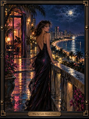 A contemplative woman in a flowing black gown overlooks a moonlit coastal city from a rain-slick terrace. Amber streetlights curve around the bay beneath an indigo sky, while magenta reflections shimmer across stone. Expressive oil brushwork captures romantic uncertainty, framed by black-and-gold Art Deco metalwork and an engraved title plate.