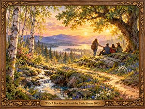 Four friends gather beneath a sprawling oak on a wooded hillside, overlooking a shimmering lake and violet mountains at sunset. A winding stream, mossy rocks, and wildflowers guide the eye toward their peaceful gathering. Golden light washes delicate watercolor textures, while a carved wooden frame and engraved brass title plate complete the nostalgic scene.
