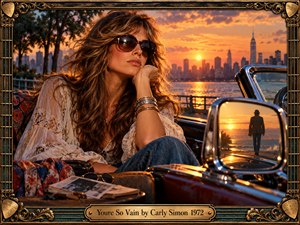 A wistful woman in oversized sunglasses lounges in a vintage convertible overlooking a glowing city waterfront at sunset. In the side mirror, a solitary man walks away, turning glamour into quiet disillusionment. Amber skies, deep teal shadows, lace textures, and an ornate gilded musical frame enrich the cinematic 1970s photograph.