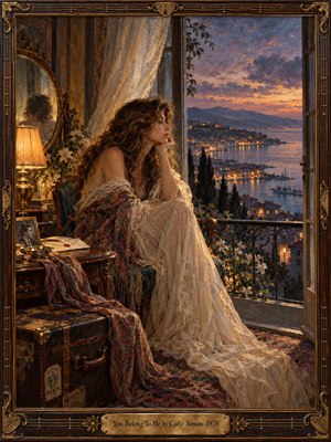 A wistful woman in a flowing ivory gown gazes across a twilight harbor from an elegant balcony. Warm lamplight illuminates vintage furnishings, travel trunks, and delicate flowers. Rich oil painting textures blend amber, lavender, and ocean blues, while an ornate wooden frame and engraved brass plate enhance the romantic atmosphere.