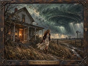 A windswept woman strides from a weathered farmhouse beneath a massive spiraling storm, her pale dress and hair whipping through the turbulent air. Moody greens, grays, browns, and warm amber doorway light heighten the tension. Thick painterly textures, lightning, flying leaves, a distant windmill, and a rustic carved frame create a dramatic handcrafted atmosphere.