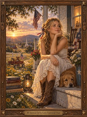 A thoughtful young woman in a lace dress and cowboy boots rests on a farmhouse porch beside a golden retriever. Sunset bathes wildflowers, a winding country road, and a distant church in golden light. American flags, a childhood wagon, and an ornate wooden frame evoke family, hope, and nostalgic Americana.