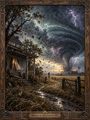 An isolated farmhouse trembles beneath a towering tornado, its porch swing broken and curtains billowing. A lone woman stands amid windblown fields as lightning illuminates bruised violet clouds and scattered birds. A muddy path curves toward the storm. Dramatic oil brushwork and an ornate wooden frame deepen the ominous mood.