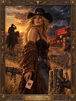 A confident blonde cowgirl stands against a fiery western sunset, holding a broken-heart playing card. A mysterious horseman rides beneath gathering storm clouds while neon lights illuminate a roadside saloon. Rich amber, crimson, and shadowy blues create dramatic tension in this detailed oil painting, enclosed within an ornate western frame.
