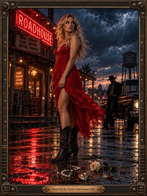 A blonde woman in a flowing crimson dress stands outside a neon-lit roadhouse beneath threatening storm clouds. Rain-soaked pavement reflects fiery red light, while a mysterious cowboy waits beside a vintage truck. Scattered pearls, a white rose, and a broken heart pendant suggest betrayal. Ornate bronze framing completes the cinematic scene.