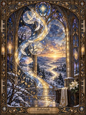 An ornate stained-glass sanctuary frames a snowy valley beneath a radiant golden sunrise. Two luminous ribbons spiral past a white dove, winter trees, and delicate celestial emblems. Deep blues and violets shimmer against amber light, while carved bronze filigree, glowing candles, white lilies, and piano-key borders evoke quiet devotion.