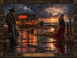 A brooding cowboy and a windswept woman stand apart beside a glowing country roadhouse after rain. Crimson reflections ripple across puddles beneath a stormy golden sunset, while a winding road disappears into distant hills. Rich oil-painted textures and an ornate carved frame deepen the atmosphere of heartbreak and longing.