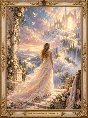 A woman in a flowing ivory gown gazes toward a radiant celestial cathedral. Golden stairways wind through lavender clouds above a misty valley, while white doves soar overhead. Warm sunlight illuminates delicate roses, an acoustic guitar, and an ornate gilded frame, completing this romantic, dreamlike oil painting.