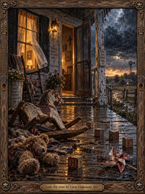 A weathered farmhouse porch glistens beneath storm clouds, scattered with abandoned childhood toys, a rocking horse, and a worn teddy bear. Warm amber light spills through an open doorway, contrasting with cold blue rain and distant fields. Rich oil painting textures and an ornate wooden frame evoke innocence, sorrow, and fragile hope.