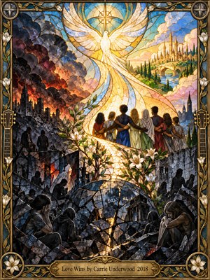 A luminous stained-glass scene rises from shattered, smoke-darkened streets toward a radiant golden dove. Diverse figures stand united along a glowing pathway, surrounded by blooming white flowers and distant sunlit towers. Rich blues, crimson, and amber shimmer within an ornate bronze frame, expressing compassion, healing, unity, and enduring hope.