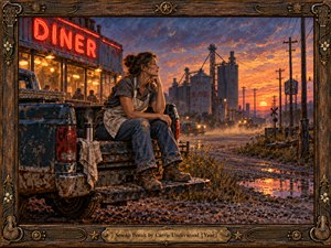 A weary woman rests on a weathered pickup tailgate outside a glowing roadside diner, gazing toward a fiery sunset. Grain silos and telephone poles recede across a dusty town. Rich oil-painted textures, amber reflections, violet skies, and an ornate guitar-trimmed wooden frame evoke resilience, solitude, and fleeting peace.