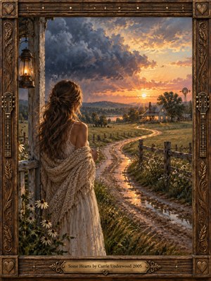 A young woman wrapped in a cream shawl watches a golden sunset from a rustic porch. A rain-slick country road curves toward a glowing farmhouse beneath clearing storm clouds. Wildflowers, lantern light, and distant fields enrich the hopeful oil painting, enclosed by carved wood and an engraved brass title plate.